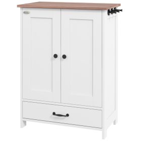 Pet Feeding Station, Dog Food Storage Cabinet w/ Raised Dog Bowls, Adjustable Panel, Hooks for Medium Dogs, White